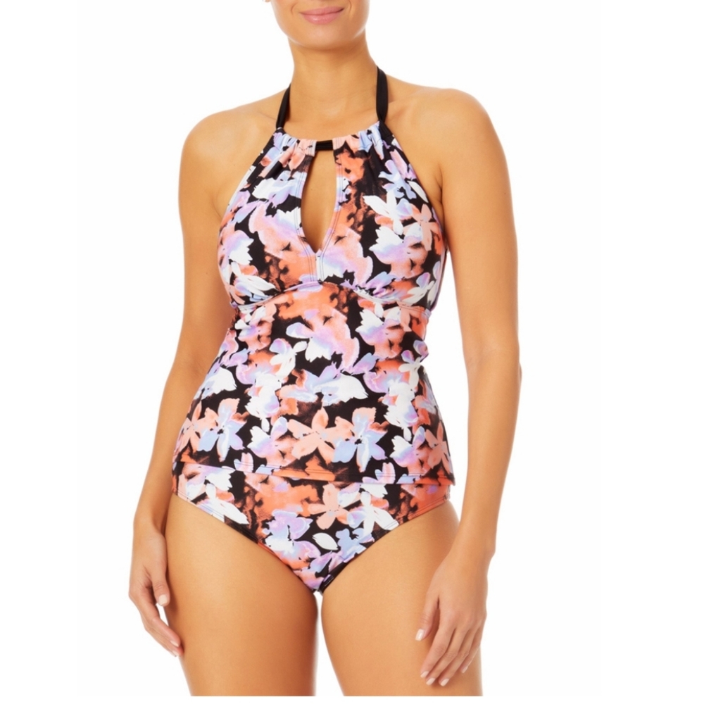 Time AND Tru Women's Plus Watercolor Tie Swim Top and Bottoms- 2 pc Swimsuit